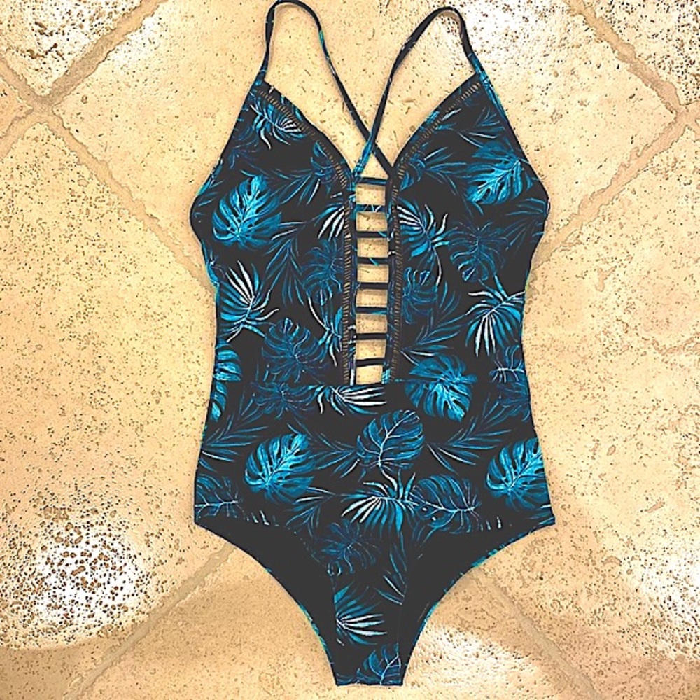 One Piece Low Cut Swimsuit Black, Blue, Green, White Print